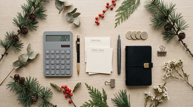 Year End Financial Planning and Goal Setting with Calculator Notebook and Coins