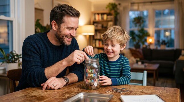Father and son happily saving coins in a jar for family financial planning and future adventures