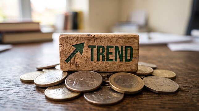 Wooden block with the word TREND and an upward arrow surrounded by coins, symbolizing financial growth and planning for the year end
