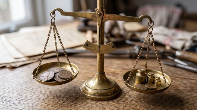 Antique brass balance scale weighing coins against weights symbolizing financial assessment and year end planning