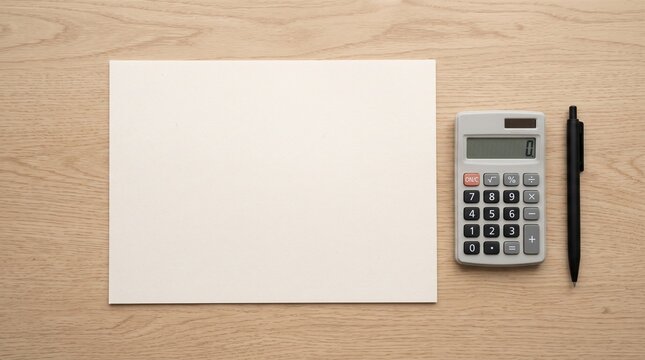 Year End Financial Planning Calculator and Blank Paper on Wooden Desk