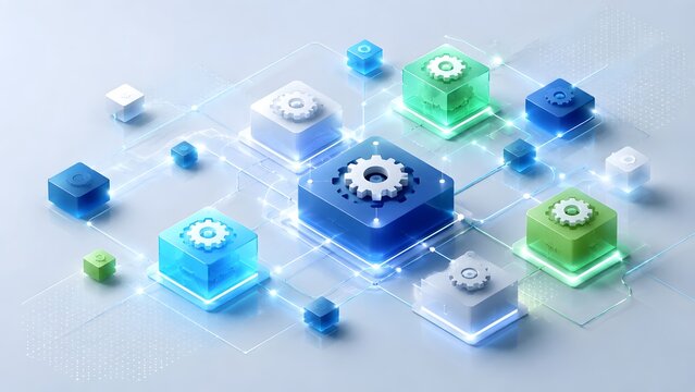 3D network of glowing digital blocks with gears representing software engineering automated data process and smart business infrastructure.