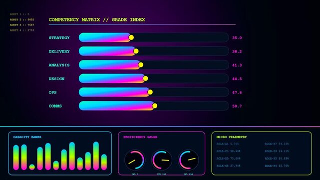 a colorful skill matrix interface displays dynamic data progression across three distinct panel views showing varied levels of competency scores in a modern software simulation