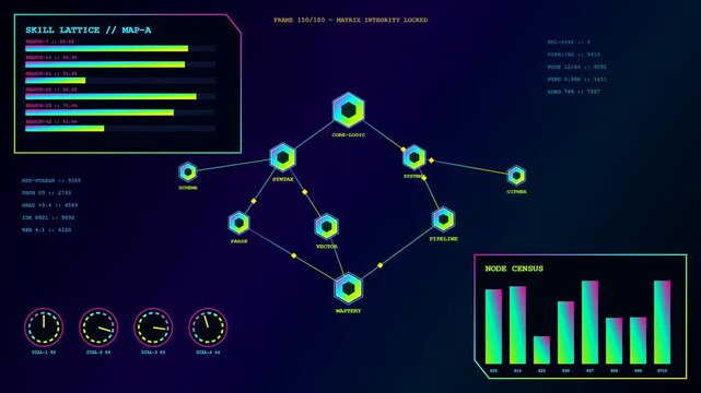 A digital skill matrix displayed as a network of nodes with shifting bar charts and gauges illustrating data flow across three distinct frames of interface animation