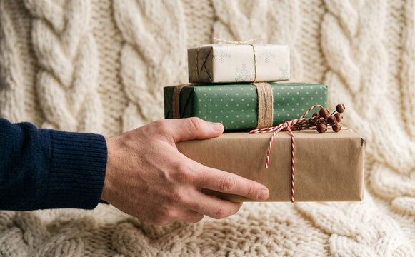 Man holding a stack of beautifully wrapped Christmas presents for the holiday season celebration