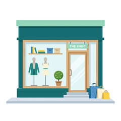 Naklejka premium Modern Clothing Boutique Store Front Facade with Mannequins and Shopping Bags Illustration
