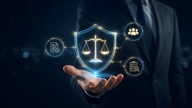 Businessman holding glowing shield with scales of justice representing legal protection digital compliance corporate governance and business law.