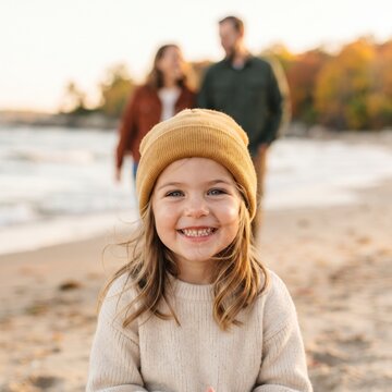 Happy little girl wearing a beanie on a beach with parents in the background
