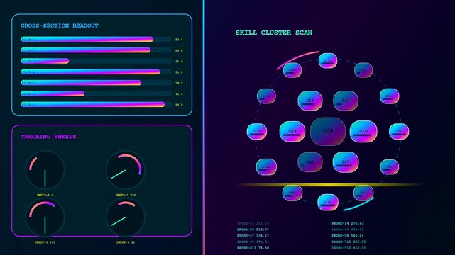 A digital skill matrix interface featuring animated nodes and glowing bars displaying progress metrics across three screens for data analysis in a dark virtual environment