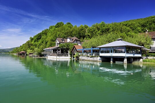 Hotel and restaurant Villa du Lac on Lac d'Aiguebelette, large natural lake, at the foot of the &Eacute;pine Mountains, Aiguebelette-le-Lac, Savoie Department, France
