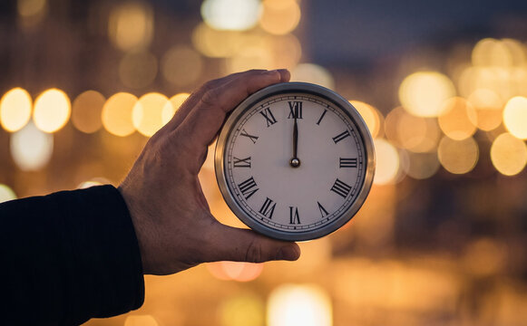 Man holding a round clock showing twelve o'clock with bokeh lights background representing time management