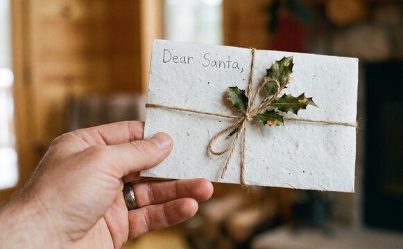 A hand holding a handwritten Dear Santa Christmas letter tied with twine and decorated with holly