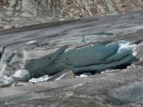 Alpine glacier Rhonegletscher (Rhone glacier) or Swiss valley glacier Rottengletscher in the Urner Alpen mountain range, Switzerland - Alpengletscher Rhonegletscher oder Talgletscher Rottengletscher