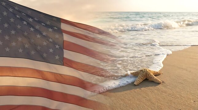 American flag with ocean waves and starfish on sand