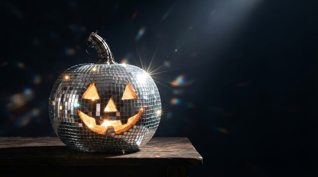 Carved pumpkin covered in mirror tiles creates a festive party atmosphere for Halloween night.