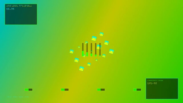 A digital skill matrix interface featuring animated floating geometric squares and bar charts displayed on a soft shifting gradient canvas of vibrant green and blue hues