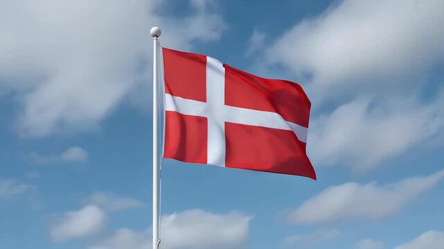 A high-quality stock video of the national flag of Denmark fluttering on a flagpole against a clear blue sky.