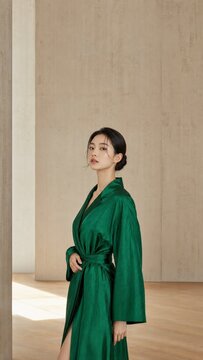 Elegant young Asian woman in a green silk robe standing in a minimalist modern interior.