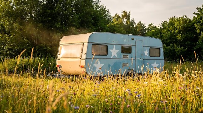Blue vintage caravan in wildflower meadow