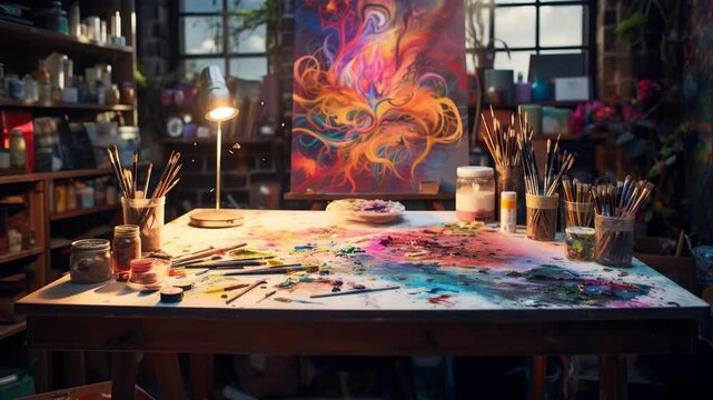 Creative Artist Workspace with Colorful Paint Supplies