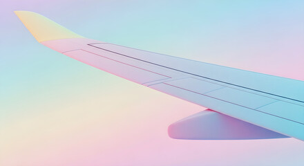 Naklejka premium Airplane wing in pastel gradient sky-dreamy travel and abstract aviation