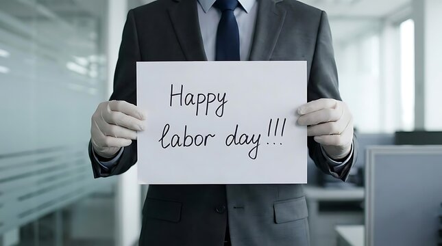 Businessman holding paper with labor day message