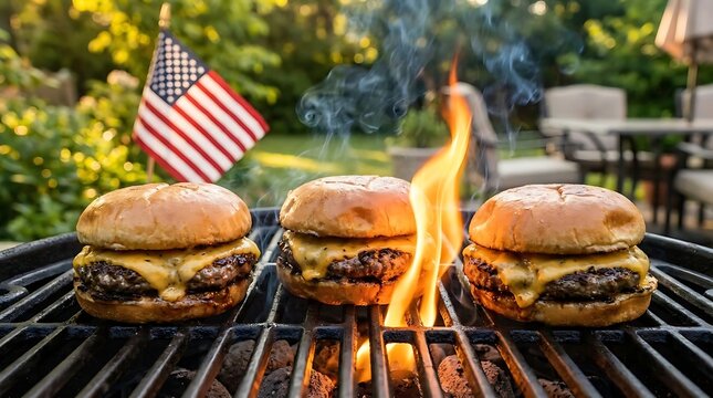 Cheeseburgers cooking on outdoor grill with American flag