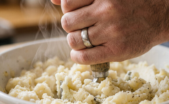 Adult male hand mashing hot cooked potatoes in a bowl with a potato masher in close up view