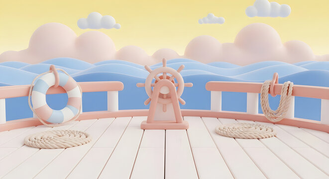 Dreamy pastel boat deck with steering wheel lifebuoy and soft clouds over calm blue sea