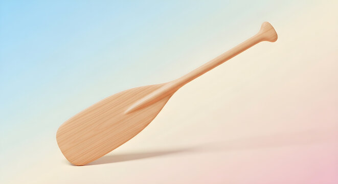 Wooden paddle or oar isolated on a soft pastel gradient background for water sports and summer activities