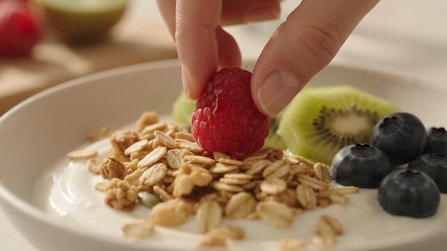 A woman preparing a healthy breakfast in a contemporary kitchen, slicing fresh fruit, making coffee, and assembling a yogurt and granola bowl on a light-colored stone countertop.