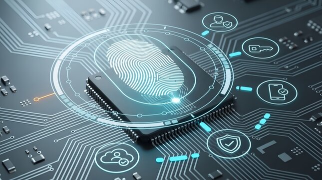 Hardware level security microchip featuring a glowing biometric fingerprint and digital authentication icons for embedded data protection