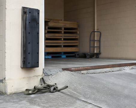 Empty loading dock with a concrete ramp and rubber bumper. Wooden pallets and a hand truck inside a commercial warehouse receiving bay