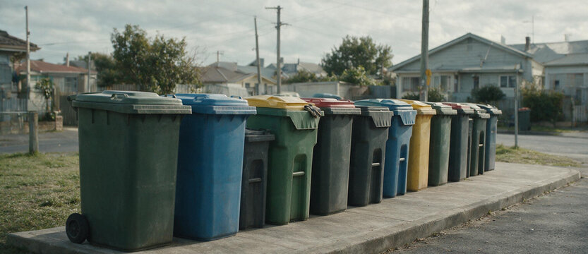 Row of colorful plastic wheelie bins lined up on a suburban sidewalk. Municipal waste and recycling collection service in a residential neighborhood