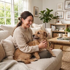 Plakat A woman happily pets her dog while sitting on a cozy sofa in a sunlit living room, showcasing a heartwarming moment of companionship and domestic bliss.