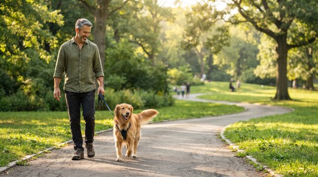A man walks his dog on a paved path through a sun-dappled park, with lush green trees and grass lining the way, evoking a sense of peace and companionship.