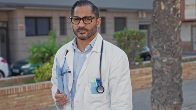 Man with stethoscope and glasses holds clipboard and pen, standing by palm tree near parked cars on street; calm professionalism.