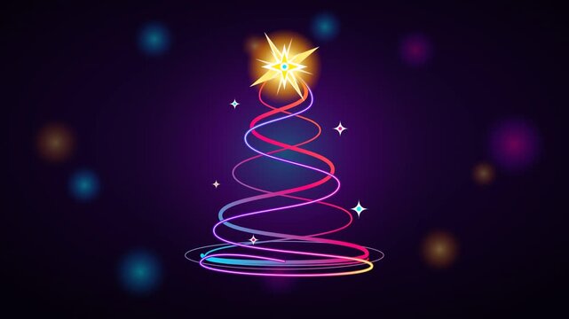 Glowing Neon Spiral Christmas Tree Animation with Shining Star Topper