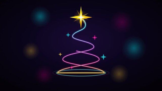 Glowing Neon Spiral Christmas Tree Animation with Star Topper