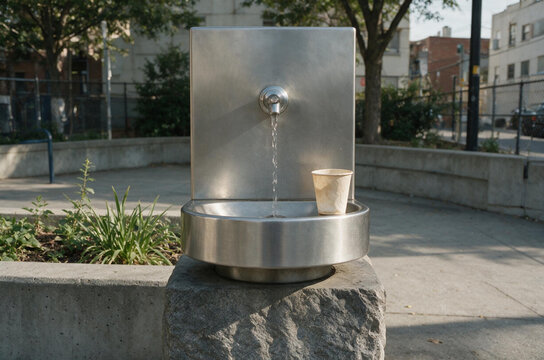Stainless steel public drinking water fountain in a city park. Flowing water and a disposable paper cup on a sunny day