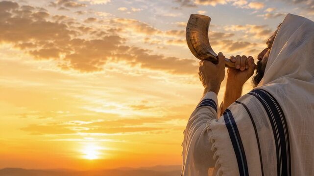  Jewish man wrapped in a tallit blowing a shofar ram's horn against a dramatic sunset sky. For Rosh Hashanah and Yom kippur