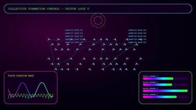 Swarm coordination displays digital data points that shift across a purple glowing screen while colorful bars show fluctuating progress during this complex computer generated simulation