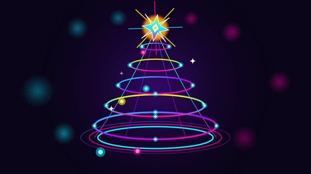 Neon glowing abstract holiday pine shape with spinning colorful light rings and glowing star topper