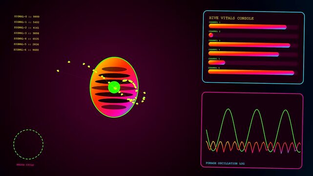 Swarm coordination is depicted through glowing pulsating circular graphs and fluctuating waveform displays that analyze rapid motion within a vibrant colorful digital interface screen at runtime
