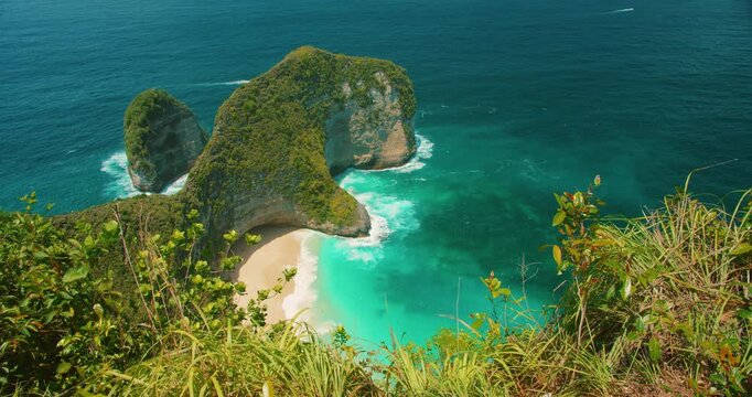 Lush foliage frames scenic view of Kelingking beach and blue ocean waters in Nusa Penida Island Bali shore