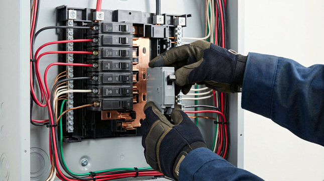 Professional electrician hands installing modern circuit breaker inside clean residential electrical panel power grid maintenance home repair safety inspection service engineering industry