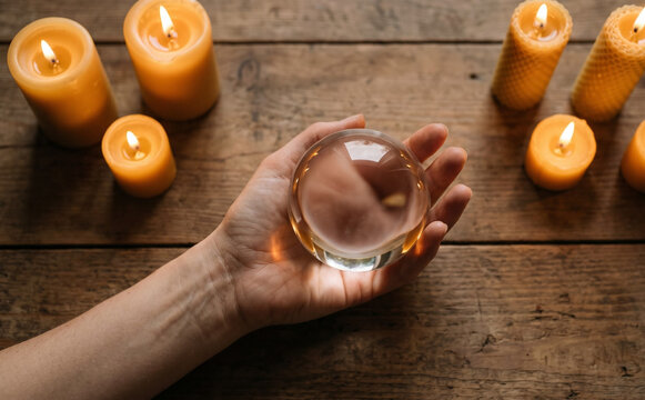 Fortune teller holding a crystal ball surrounded by lit candles on a wooden table for divination and magic rituals