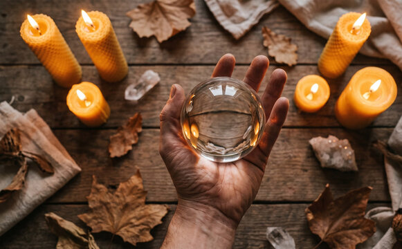 Fortune teller holding a crystal ball surrounded by lit candles and autumn leaves for divination and magic rituals