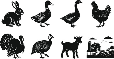 Obraz premium Farm animals and livestock vector set featuring rabbit, duck, goose, hen, turkey, guineafowl, kid goat, and barn landscape