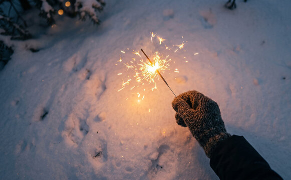 A person wearing a woolen mitten holding a burning sparkler outdoors in the winter snow at twilight